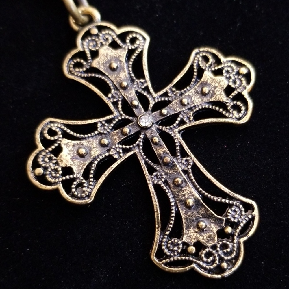 Rustic Cross Pendant Necklace Antique Goldtone Hand Crafted - Picture 5 of 10